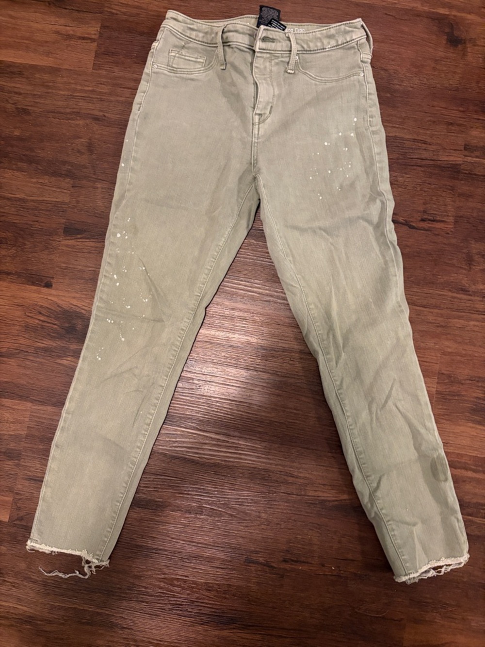 Source Unknown Olive Green Cropped Slim Jeans with Paint-Splash Detail